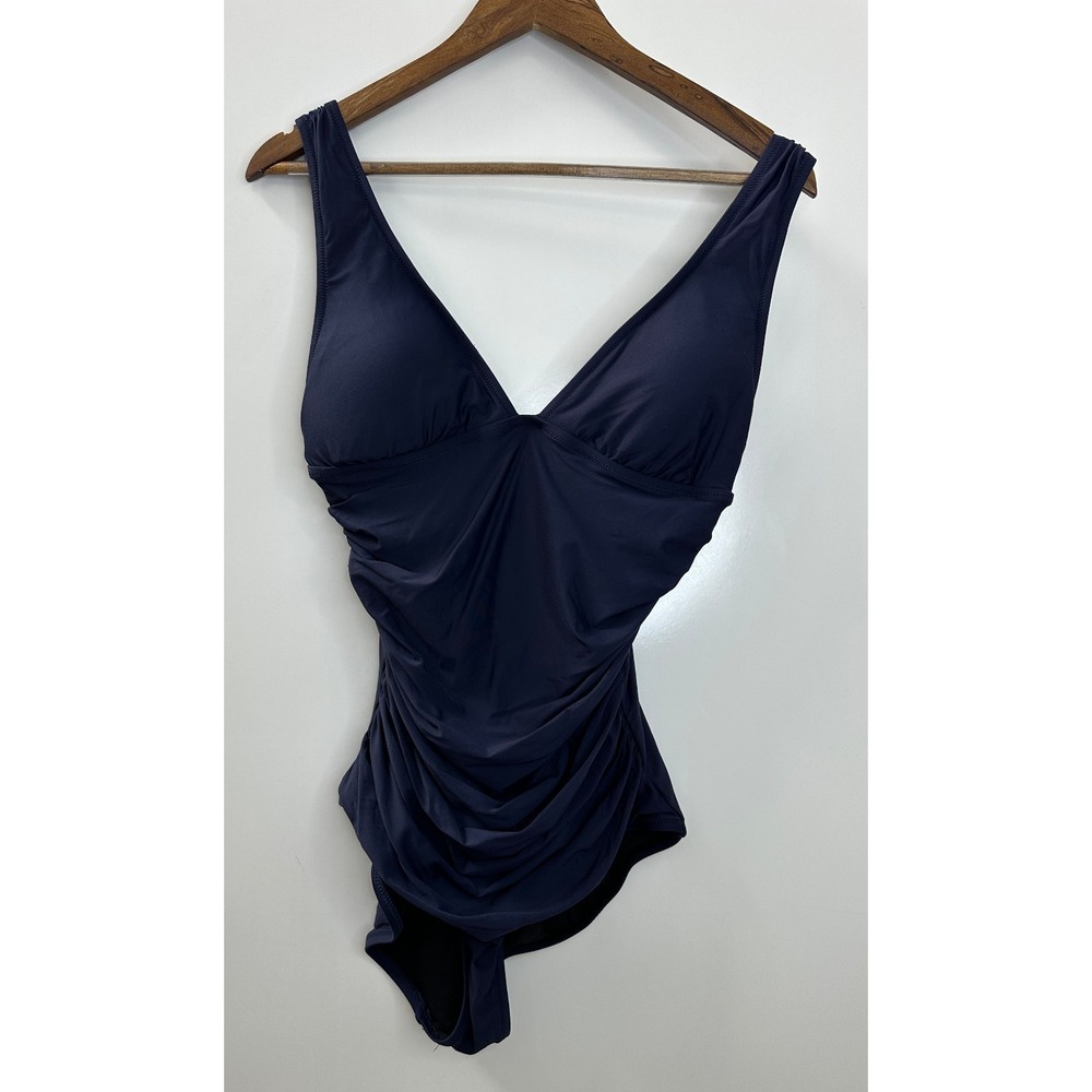 J.Crew Navy Blue Ruched Deep V-Neck One Piece Swimsuit Size 10 Stretch Lined - Picture 16 of 16